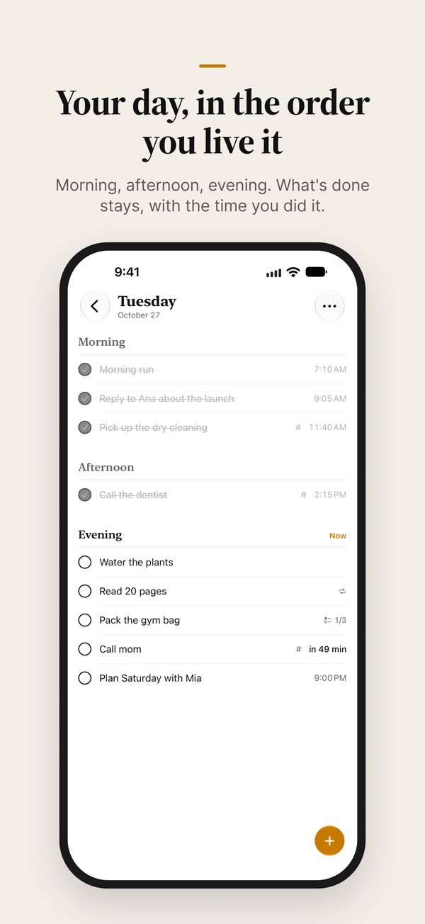Today, with tasks under Morning, Afternoon, and Evening