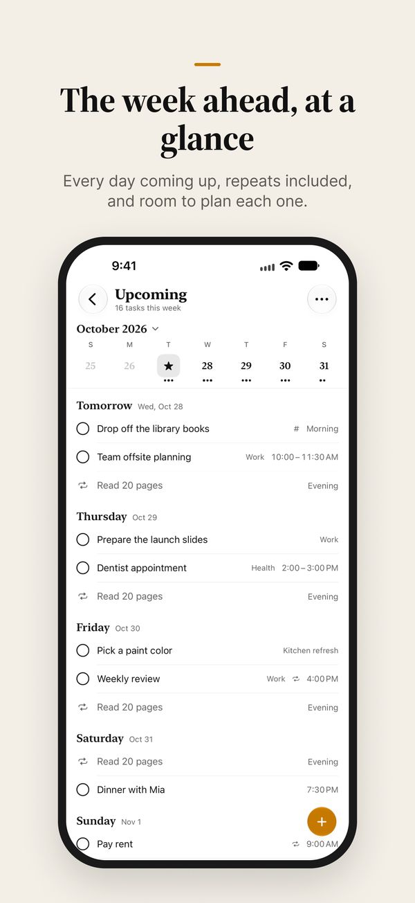 Upcoming, a calendar over the days ahead